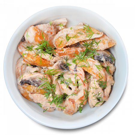 Картофель с курицей и грибами в сливочном соусе